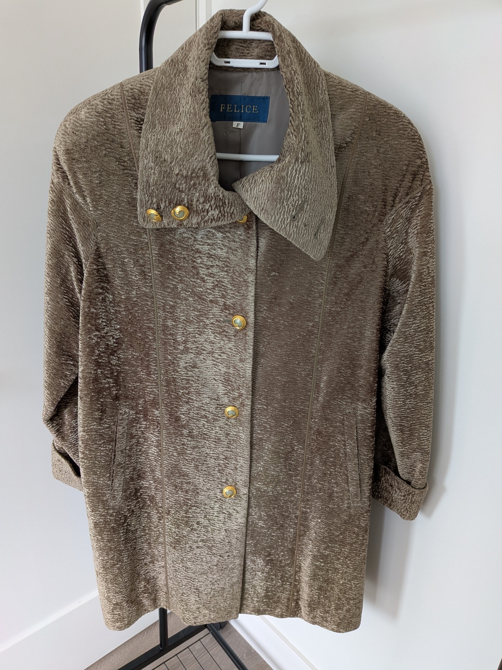 Felice Green Greyish Plush Coat with Gold Buttons